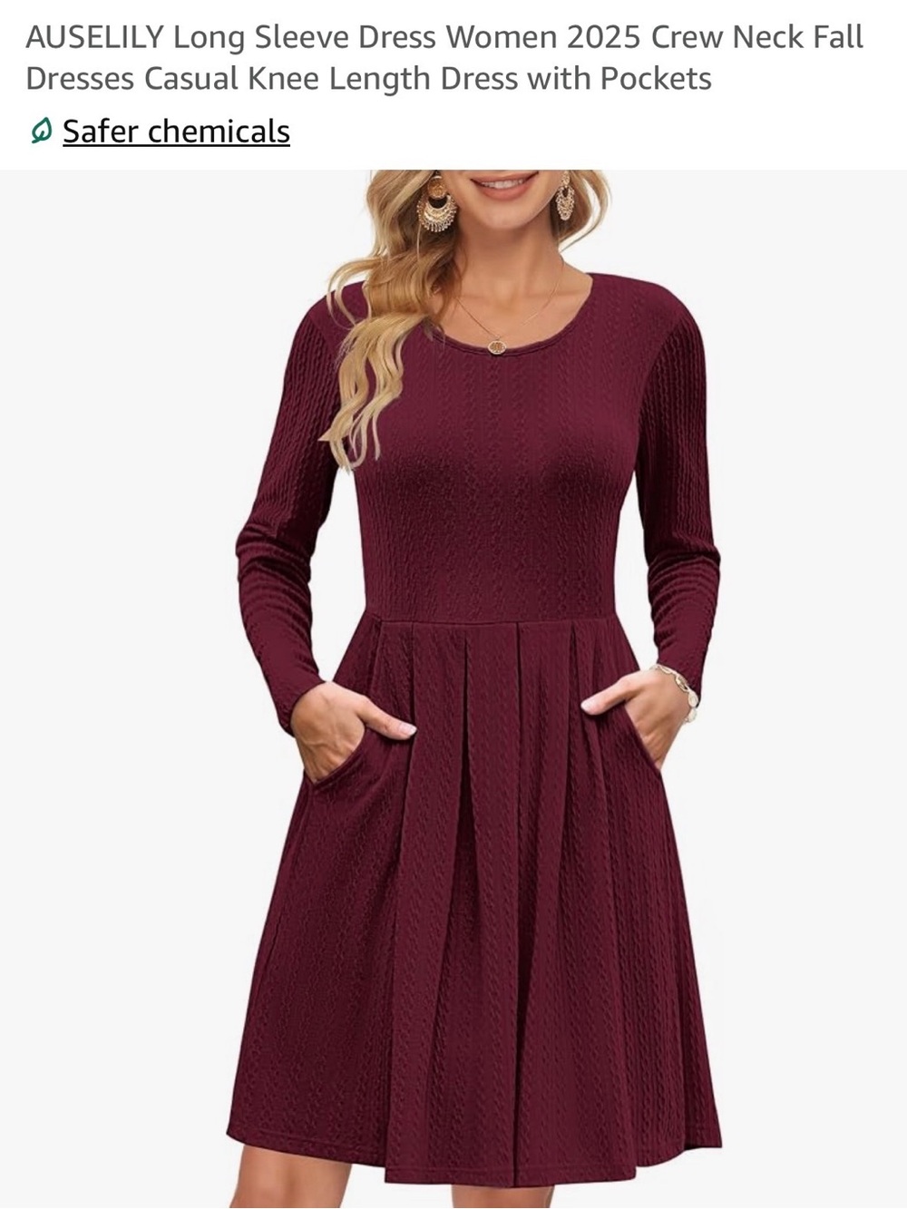 NWT Long Sleeve Crew Neck Women's Dress with Pockets - Burgundy- size large